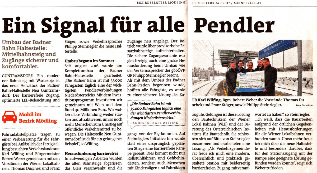Ein Signal für alle Pendler - Bezirksblätter-Artikel über die Neueröffnung der Badnerbahn-Station Neu-Guntramsdorf