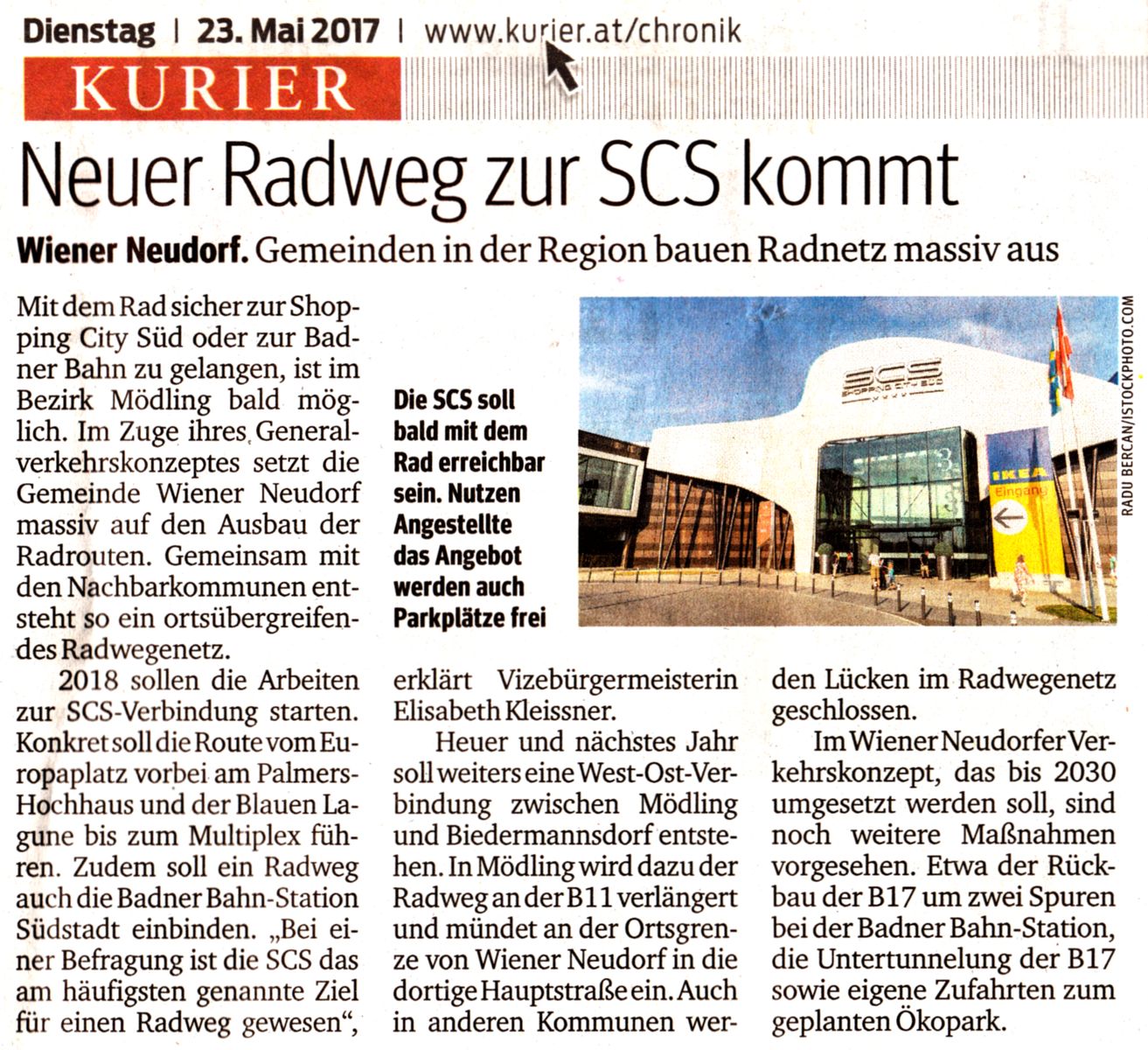 Kurier-Zeitungsartikel "Neuer Radweg zur SCS kommt