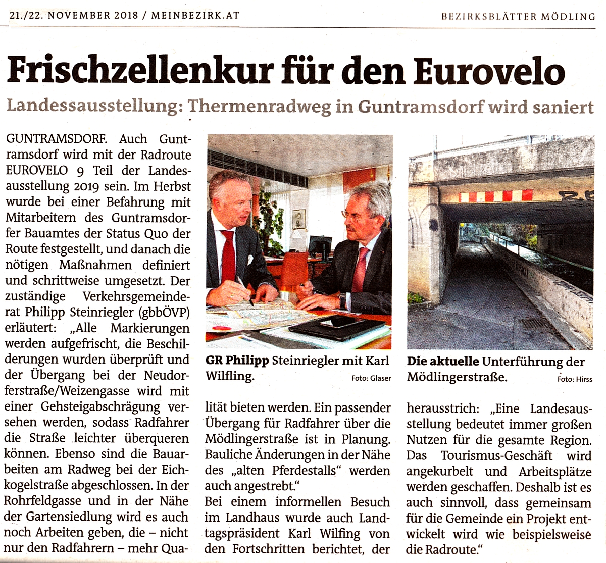Zeitungsausschnitt Bezirksblätter: Frischzellenkur für den Eurovelo