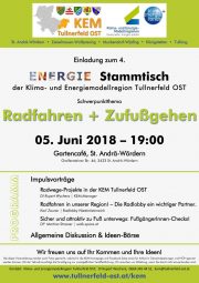 Tullnerfeld Ost:<br>Einladung zum Energiestammtisch<br>am 5. Juni 2018<br>Radfahren & Zufußgehen