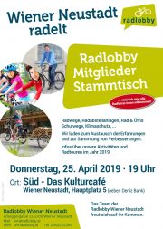 Radlobby Mitgliederstammtisch Wiener Neustadt <br>Donnerstag, 25. April 2019 · 19 Uhr