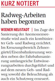 NÖN Wiener Neustadt | Endlich: Baubeginn Schul-Radweg Anemonenseestraße