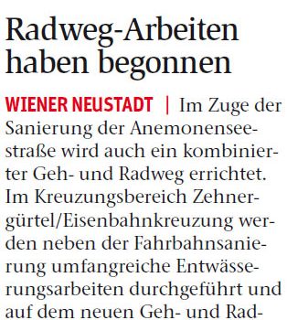 NÖN Wiener Neustadt | Endlich: Baubeginn Schul-Radweg Anemonenseestraße