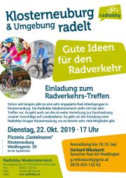 Radlobby Treffen – Klosterneuburg & Umgebung <br>22. Oktober 2019 – Pizzeria „Castelnuovo“