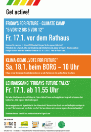 Wiener Neustadt · Freitag, 17. und 18. Jänner 2020 <br> Freitag · 11.55 bis 23.55 Uhr: Fridays for Future Klimacamp vor dem Rathaus <br>Samstag · 10.00 Uhr: Klimademo · Treffpunkt BORG