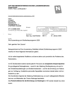 Stellungnahme von Straßenbaudirektor DI Decker | Landesstraßendienst NÖ <br>zur Radlobby-Kritik am NÖ Straßenbauprogramm 2020
