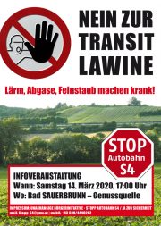 Samstag, 14. März: <br>Infoveranstaltung zur neue Transitroute: <br>Ungarn – Burgenland A3/S4 – Wiener Neustadt – S4/A2