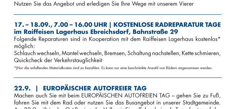 Ebreichsdorf ist dabei: Kostenlose Radreparatur | Autofreier Tag | Kostenfreier Citybus <br>Europäische Mobilitätswoche 16.-22. Sept. 2020