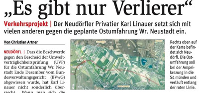 Karl Linauer setzt sich gegen die geplante Ost“umfahrung“ <br>in Wiener Neustadt ein. <br>Die BVZ berichtet.
