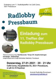 Einladung zum 11. Treffen der Radlobby Pressbaum<br>Donnerstag · 27. Jänner 2022 · Café Corso · Pressbaum · 20:00