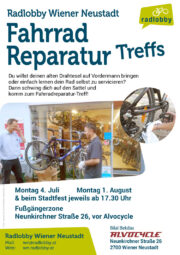 Wiener Neustadt: Fahrradreparatur-Treff<br>Montag, 4. Juli 2022 · 17.30 Uhr · Neunkirchner Straße 26