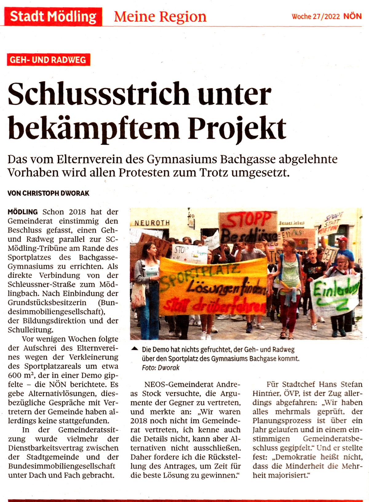 Zeitungsartikel der NÖN-Mödling "Schlussstrich unter bekämpftem Projekt