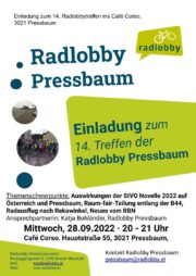 14. Treffen der Radlobby Pressbaum <br>Mittwoch, 28.09.2022, Café Corso, 20 -21 Uhr