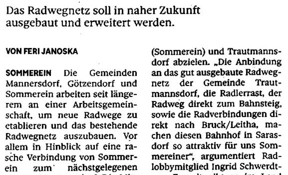 Mannersdorf, Götzendorf, Sommerein <br>Radwegenetz soll weiter ausgebaut werden – NÖN 17. Dez. 2022