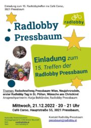 15. Radlobby Pressbaum Treffen <br>21. Dezember 2022, 20 Uhr, Café Corso