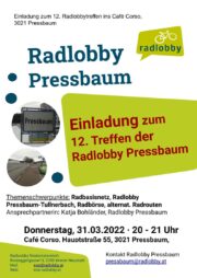 12. Radlobby Pressbaum Treffen, Do 31.03.2022 <br> Café Corso, 20 – 21. Uhr, 3021 Pressbaum