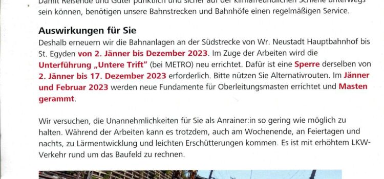 Wr.Neustadt – Föhrenwald: 2023 Neubau der Südbahn-Unterführung