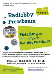 Einladung zum 16. Radlobby Treffen <br> Mittwoch, 15. März, 20 – 21 Uhr