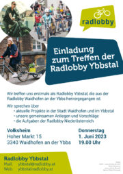 Einladung zum Treffen der Radlobby Ybbstal <br>Donnerstag, 1. Juni 2023 · 19 Uhr <br>Volksheim Waidhofen/Ybbs