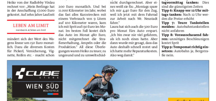 Bezirksblätter Baden berichten über das „Auto sparen“ in Bad Vöslau, Mai 2023