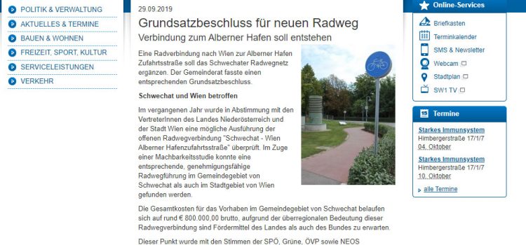 Schwechat: Grundsatzbeschluss für neuen Radweg <br>Verbindung zum Alberner Hafen soll entstehen